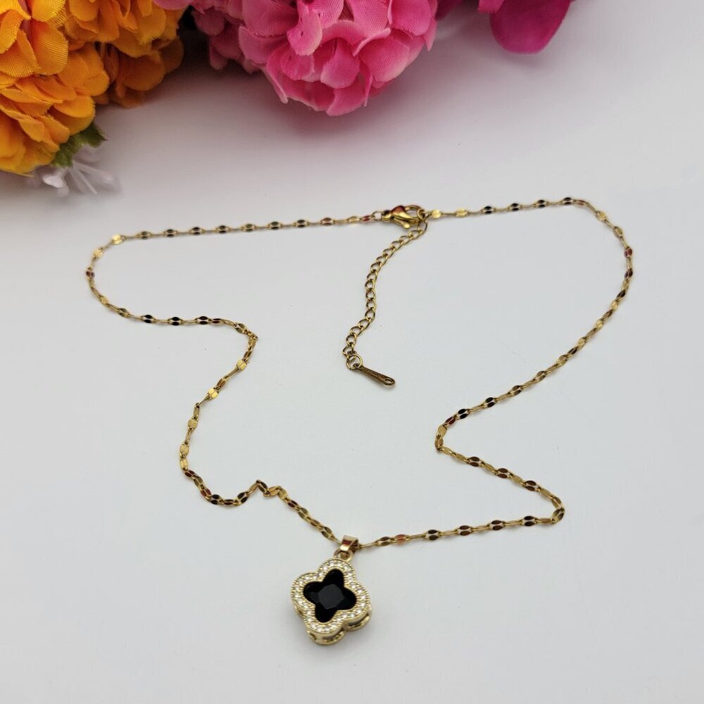 Gold Tone Stainless Steel Black And Clear Rhinestone Pendant Necklace 18" Adj.